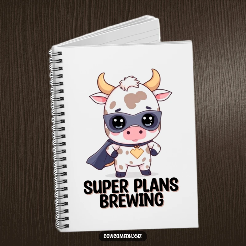 Funny kawaii cow superhero notebook with a cute bovine character in a heroic pose, ideal for jotting down plans and inspired thoughts.