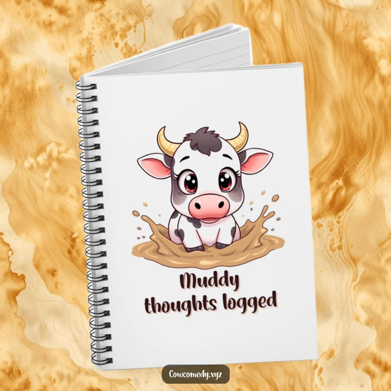 Funny notebook depicting a cow with big eyes, playfully splashing in mud, for creative writing.