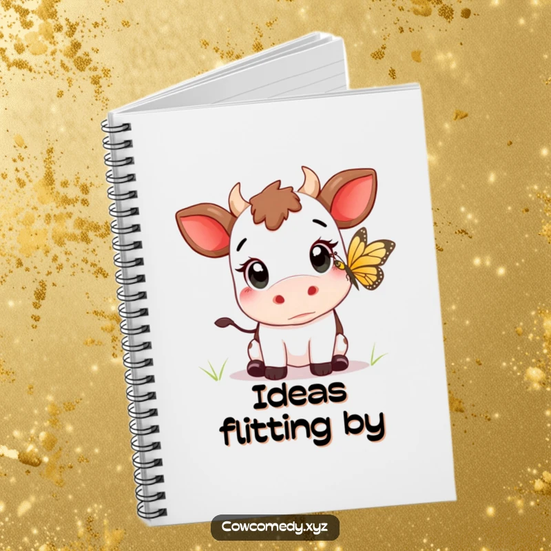 Funny Kawaii cow with wide eyes, trying to catch a butterfly, on the cover of a charming notebook.