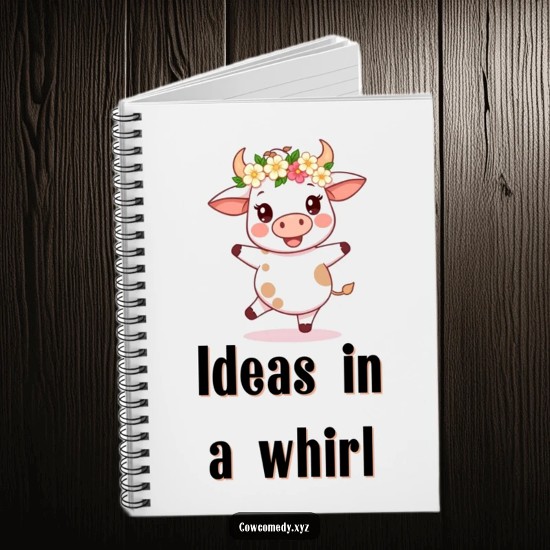 Funny Kawaii Cow Notebook: Humorous journal with a cow in a flower crown spinning, perfect for creative writing.