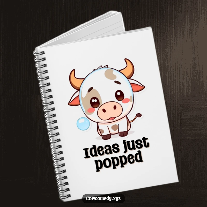 Funny Kawaii Cow Notebook with a cute cartoon cow looking surprised by a floating bubble, ideal for journaling and notes.