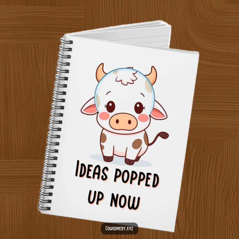 Funny Notebook: A Kawaii cow looks surprised by a floating bubble, perfect for jotting down cute thoughts and unexpected ideas.
