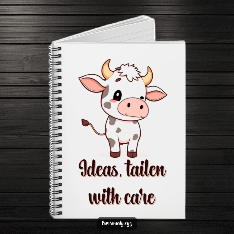 Funny notebook cover with a delightful cow in the middle of a comically exaggerated tail wave.