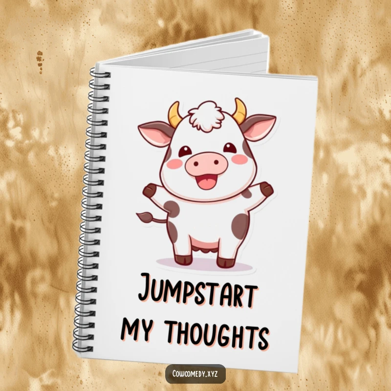 Funny Kawaii Cow Notebook: Humorous journal with a plump cow doing a happy hop, ideal for note-taking.