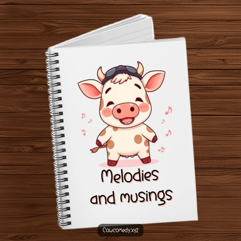 Funny notebook with a rosy-cheeked cow bopping to an unheard rhythm, perfect for note-taking.