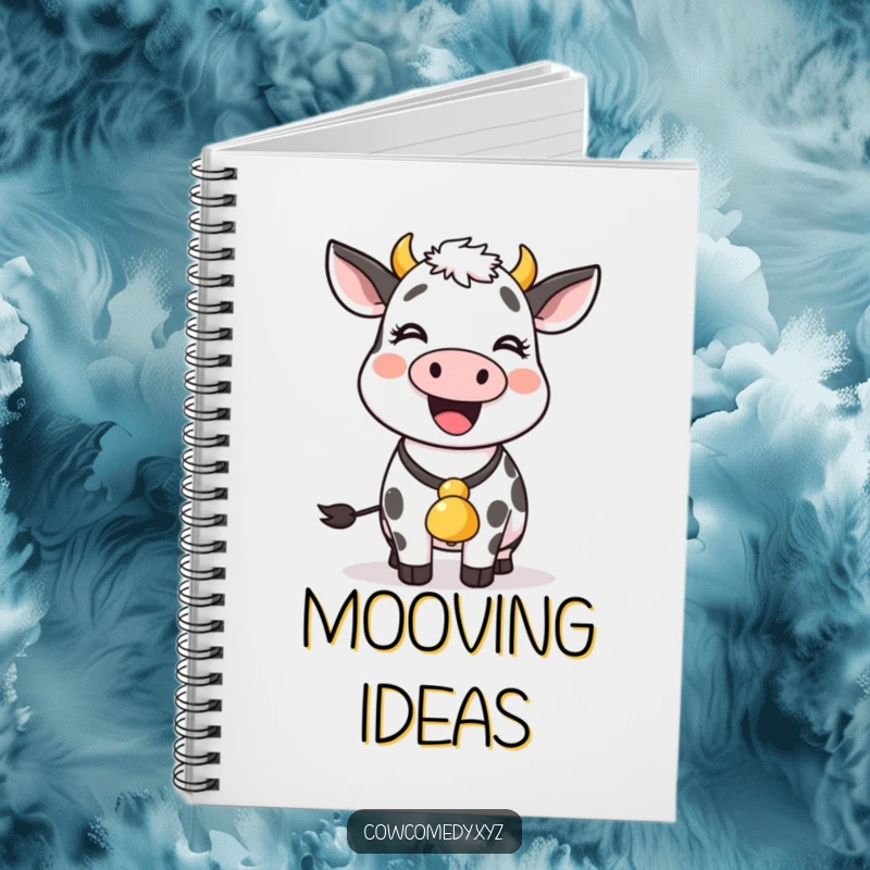 Funny cow with a bell around its neck wiggles joyfully, gracing the cover of this cute and functional notebook.