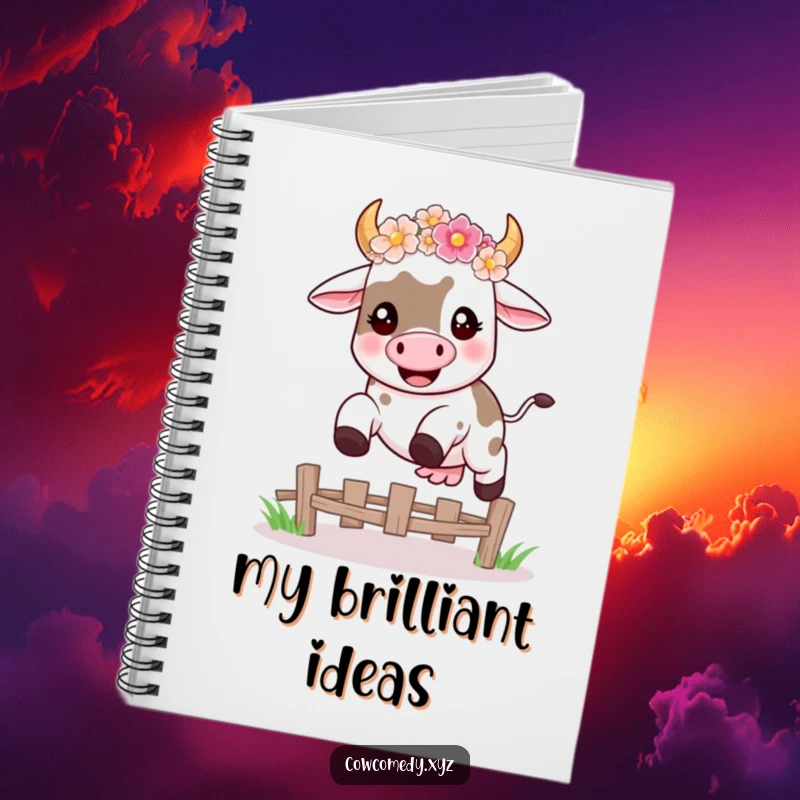 Funny notebook featuring a happy kawaii cow wearing a flower crown, mid-leap over a fence, ideal for writing humorous notes.