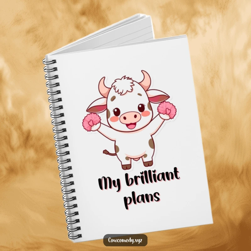Funny Kawaii Cow Notebook: Features a cute, cheering Kawaii cow with pom-poms on the cover, perfect for writing, journaling, or sketching ideas.