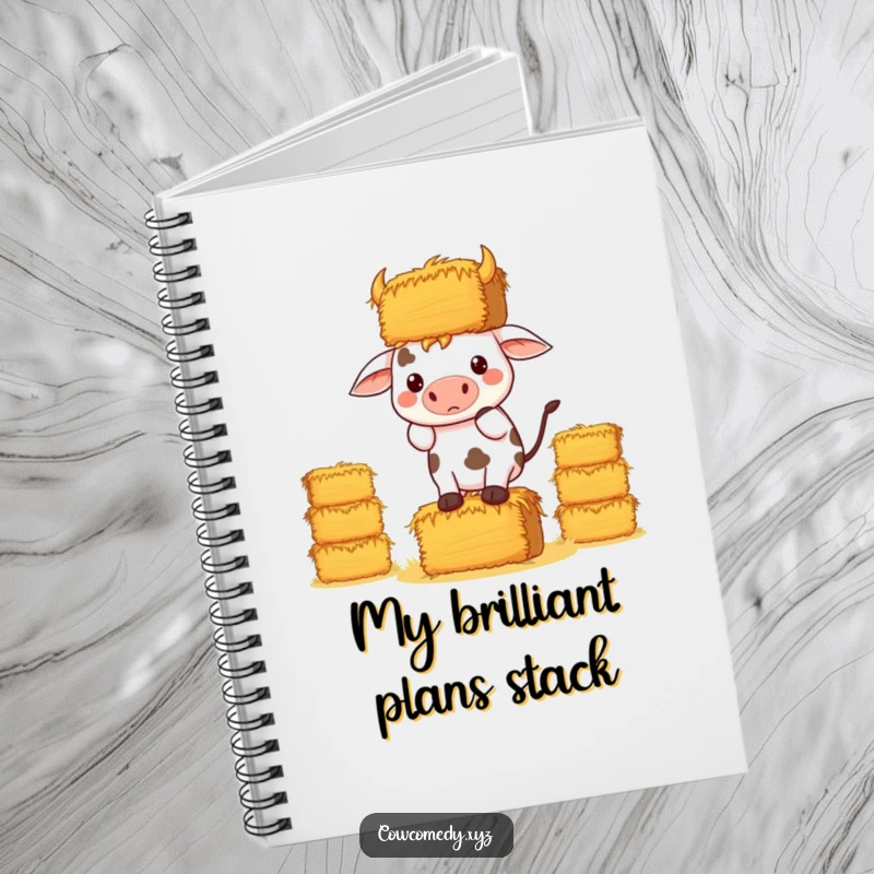 Funny Kawaii Cow Notebook, a cow determinedly balancing hay bales, perfect for journaling with humor.