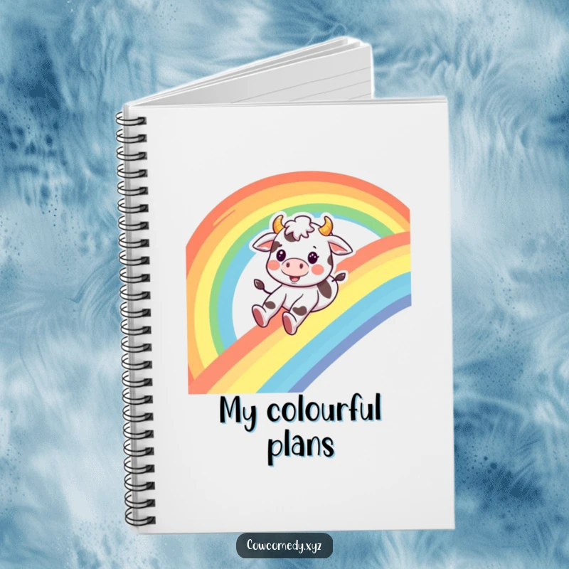 Funny cow notebook, a happy cow character sliding down a rainbow with a smile, ideal for jotting down joyful thoughts.