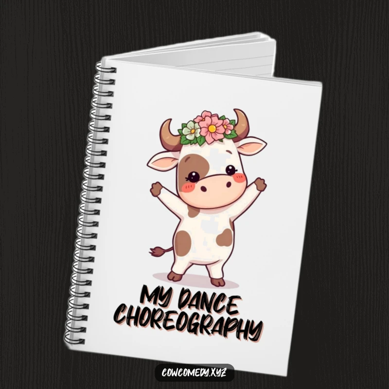 Funny cow in a flower crown, doing a silly dance, on a notebook cover, for creative writing with whimsical fun.