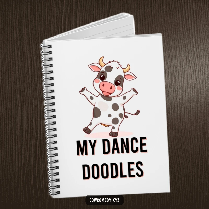 Funny notebook featuring a happy cow doing a silly dance, its spots bouncing rhythmically, ideal for notes and creative ideas.