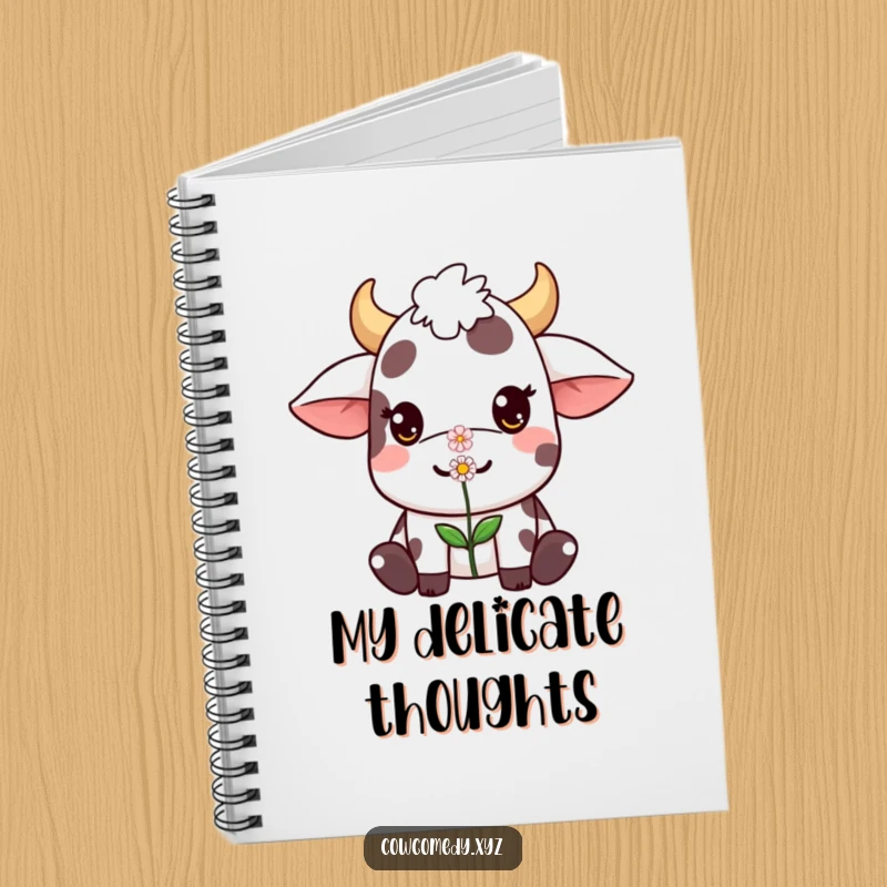 Funny Kawaii cow notebook featuring a cute character balancing a small flower on its nose, ideal for jotting down gentle thoughts.