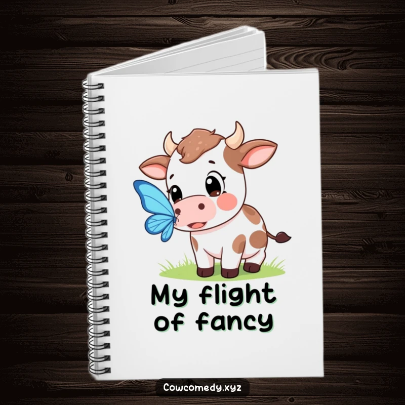 Funny notebook cover with a Kawaii cow having wide, hopeful eyes as it gently tries to catch a fluttering butterfly.
