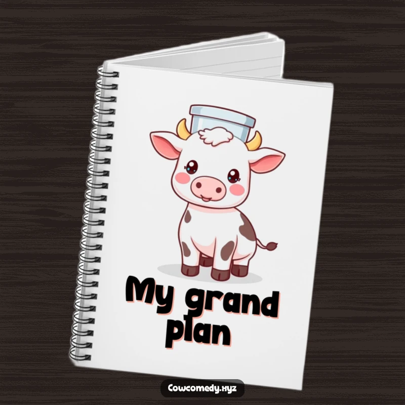Funny notebook cover with a Kawaii cow demonstrating perfect balance, holding a milk pail steadily on its head.