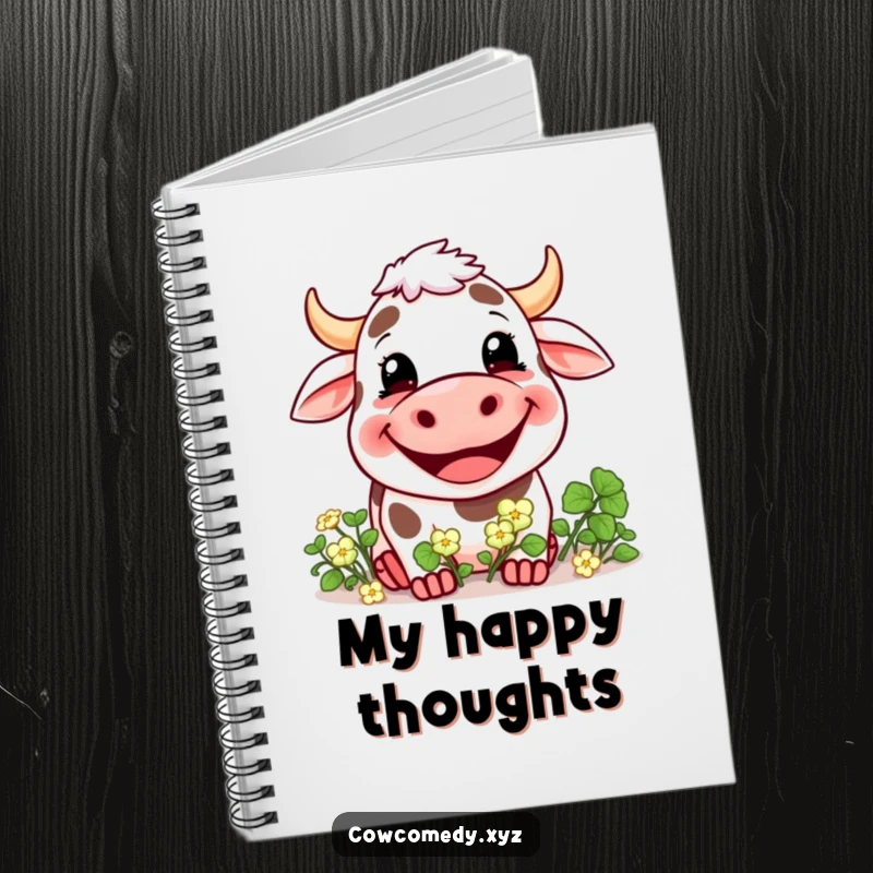 Funny notebook cover with a design of a cow with a wide, joyful grin eating a pile of clover, perfect for jotting ideas.