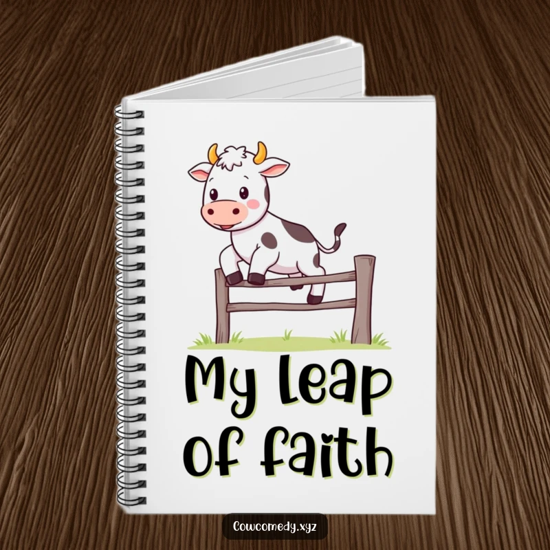 Funny Kawaii cow notebook featuring a cute character joyfully jumping over a small fence, ideal for jotting down happy thoughts.