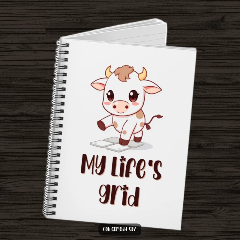 Funny Kawaii cow notebook featuring a cute character with big happy eyes playing hopscotch, ideal for jotting down playful thoughts.