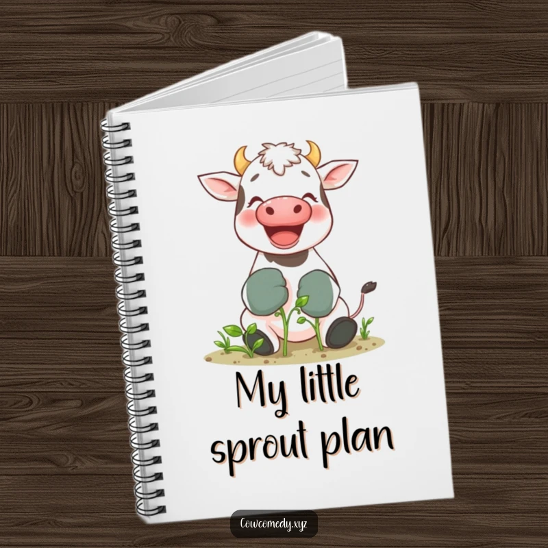 Funny notebook featuring a giggling cow in gardening gloves tending a tiny sprout, perfect for garden planning and notes.