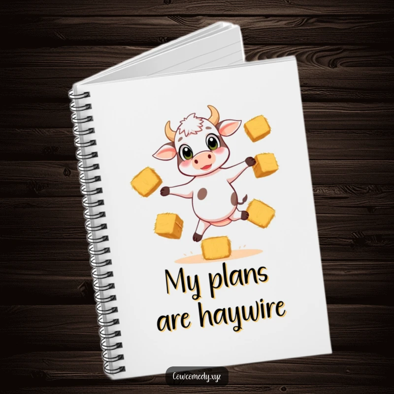 Funny notebook featuring a playful calf balancing on three legs, juggling hay bales, ideal for notes and creative ideas.