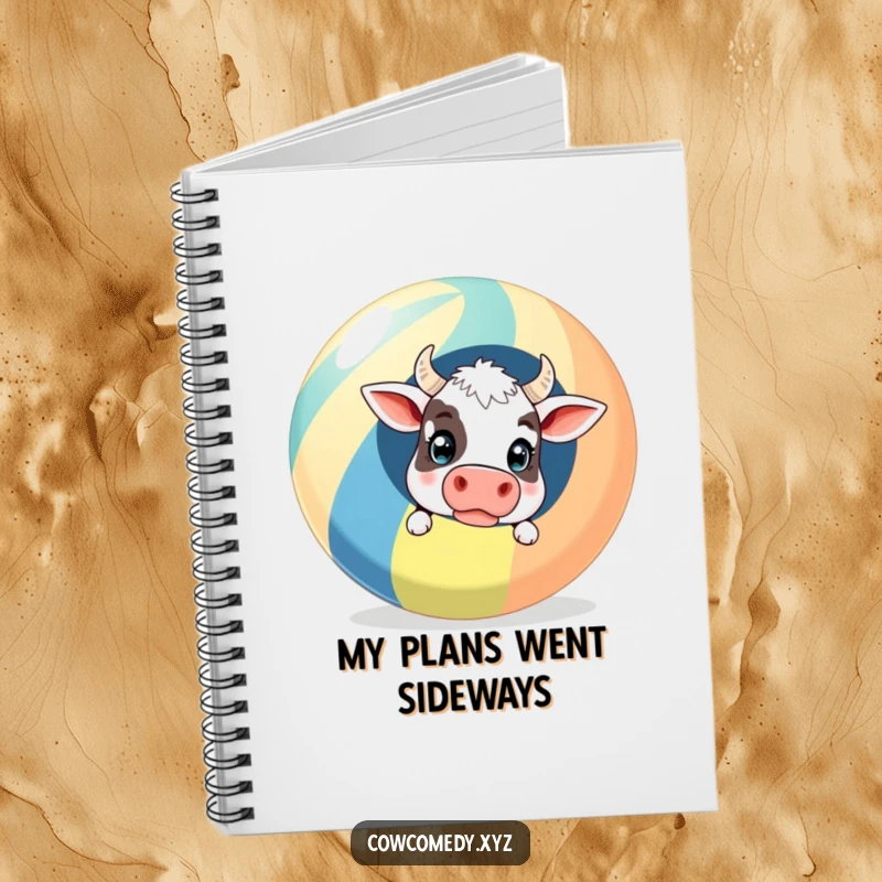 Funny Notebook: A surprised cow peeking out from behind a giant striped beach ball, perfect for noting down funny ideas and thoughts.