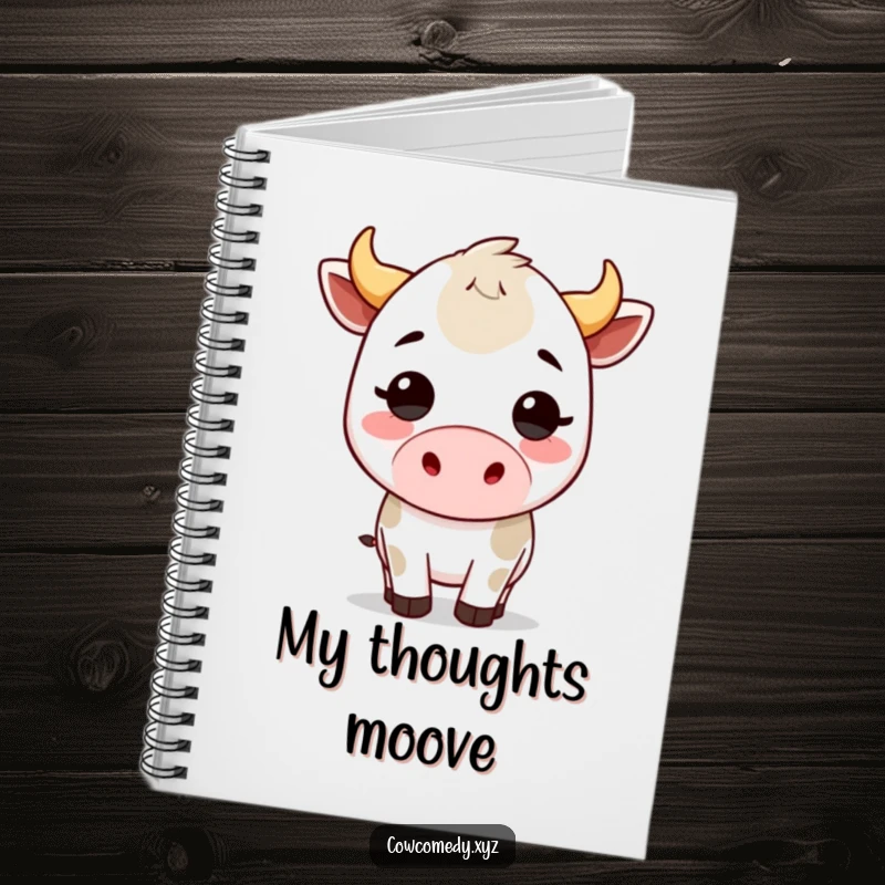 Funny kawaii cow notebook with a cute bovine character doing a silly headbutt, ideal for jotting down notes with humor.