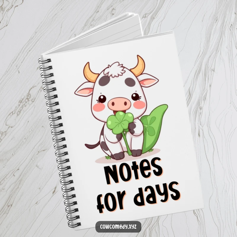 Funny Kawaii Cow Notebook with a cute cartoon cow happily munching on a giant clover, ideal for journaling luck.