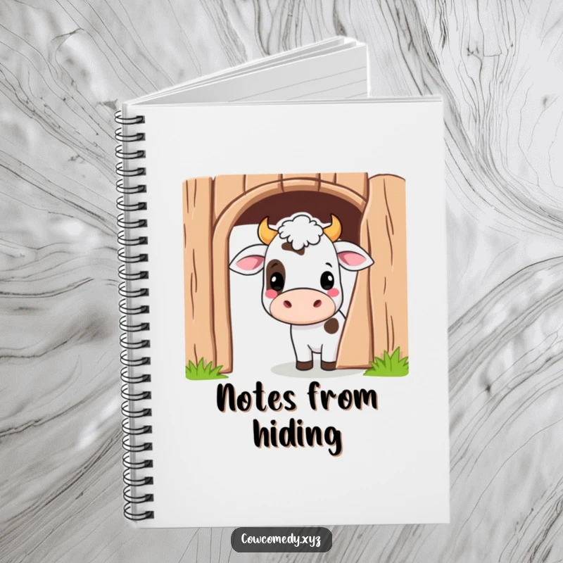 Funny Kawaii Cow Notebook with a cute cartoon cow peeking playfully from behind a barn door, ideal for journaling secrets.