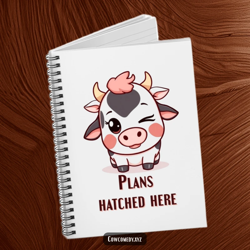 Funny Kawaii Cow Notebook with a cute cartoon cow winking with a mischievous grin, ideal for journaling secrets.
