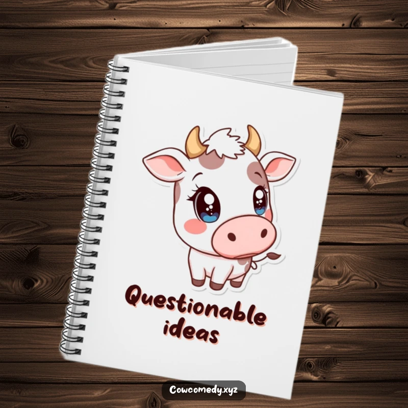 Funny Kawaii Cow Notebook: Humorous journal with a cow tilting its head, big sparkly eyes adding charm.