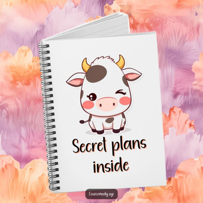 Funny notebook featuring a blushing kawaii cow character giving a shy, cute wink, perfect for jotting down thoughts in style.