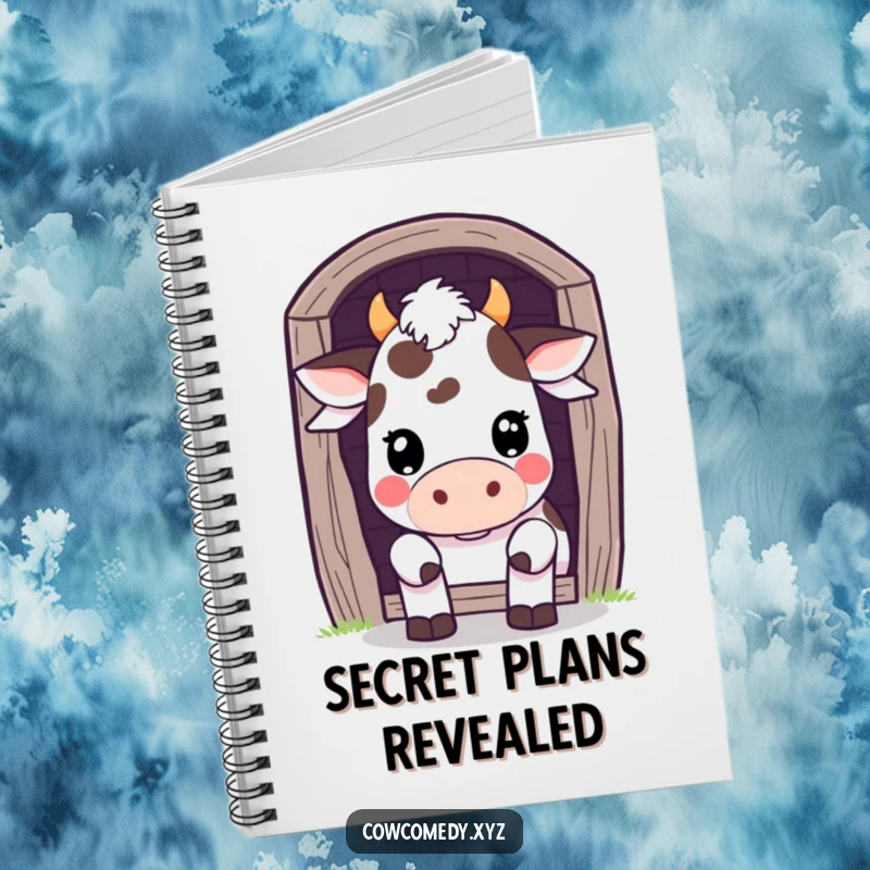 Funny Notebook: A Kawaii cow peeks playfully from behind a barn door, perfect for jotting down cute thoughts and playful ideas.