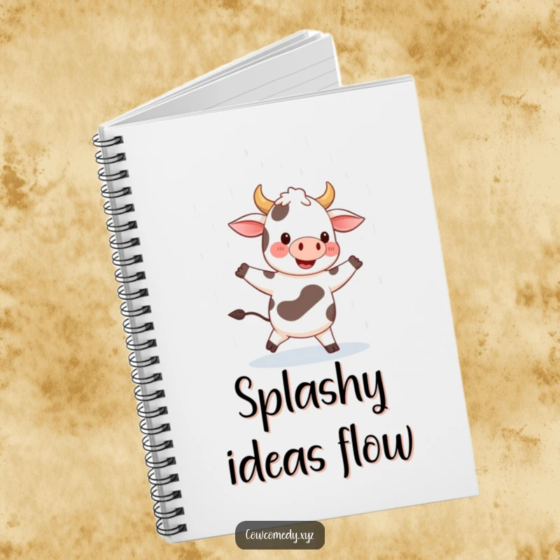 Funny notebook with a happy cow character dancing in the rain with a wide smile, ideal for capturing joyful thoughts and ideas.