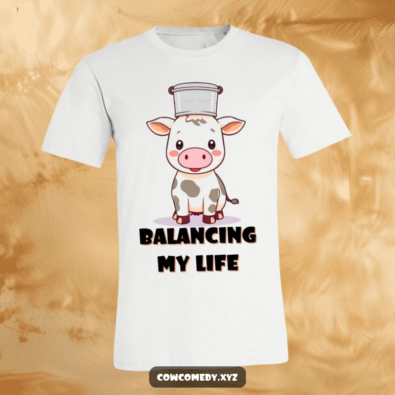 Funny Kawaii cow balancing a milk pail on its head, looking determined, on a fun t-shirt.