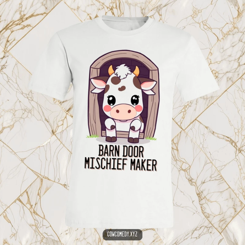Funny T-Shirt: A Kawaii cow peeks playfully from behind a barn door, inviting fun and playful interactions.
