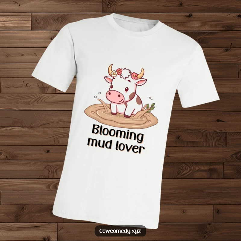 Funny t-shirt depicting a happy cow playfully splashing in a mud puddle, with flowers on its horns.