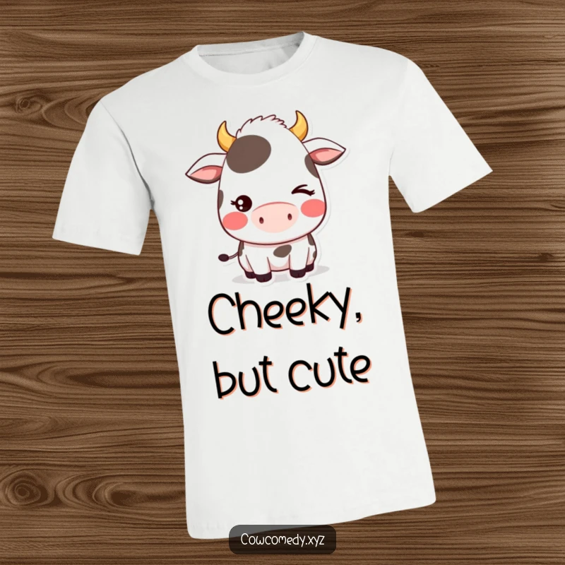Funny t-shirt featuring a blushing kawaii cow character winking playfully, exuding sweet and mischievous charm, perfect for casual wear.
