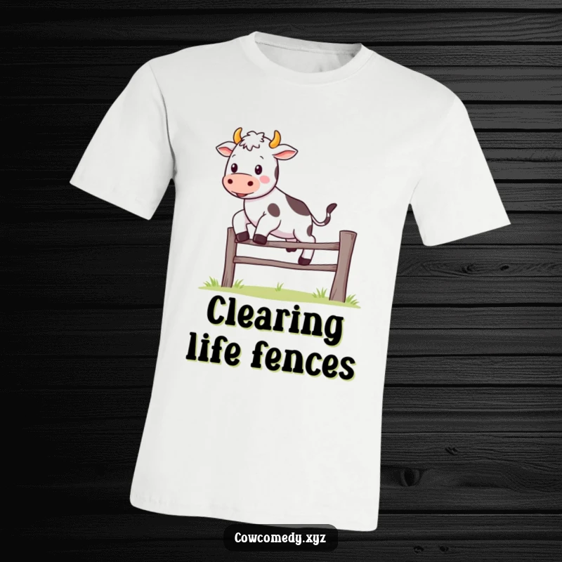 Funny Kawaii cow t-shirt depicting a cute character gleefully jumping over a miniature fence, full of charm and humor.