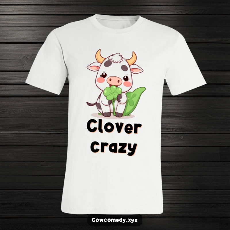 Funny Kawaii Cow T-Shirt featuring a cute, happy cartoon cow eating a giant clover, perfect for luck-themed humor.