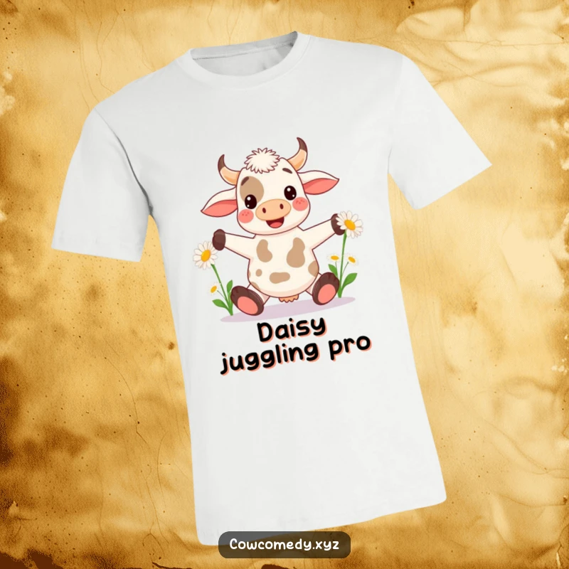 Funny Kawaii Cow T-Shirt: Cute cow skillfully juggling oversized daisies with its hooves, a funny and whimsical design.