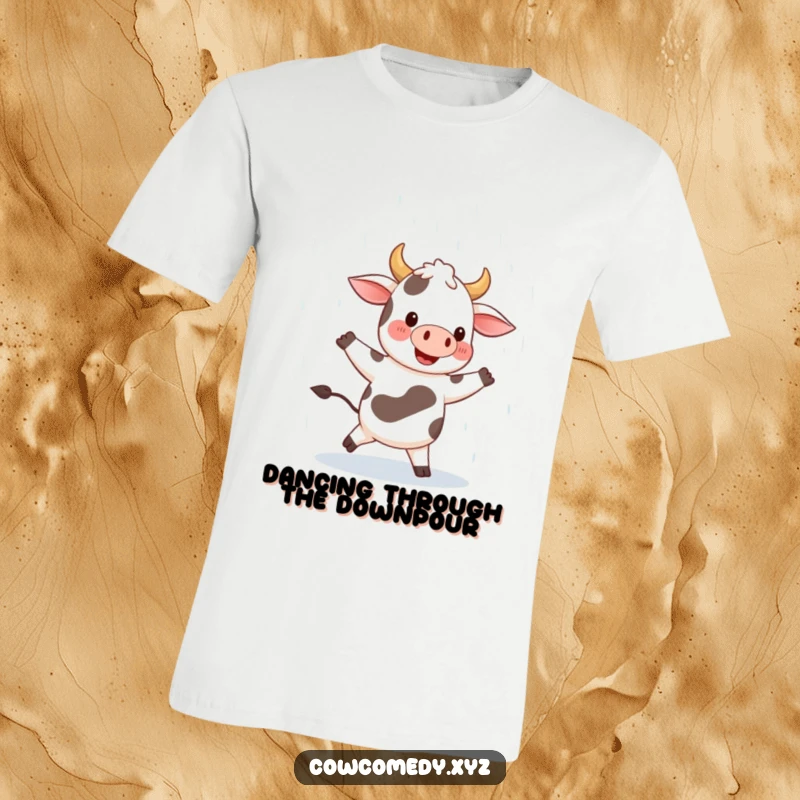 Funny t-shirt showing a cow happily dancing in a rain shower, its broad smile radiating pure delight and infectious optimism.