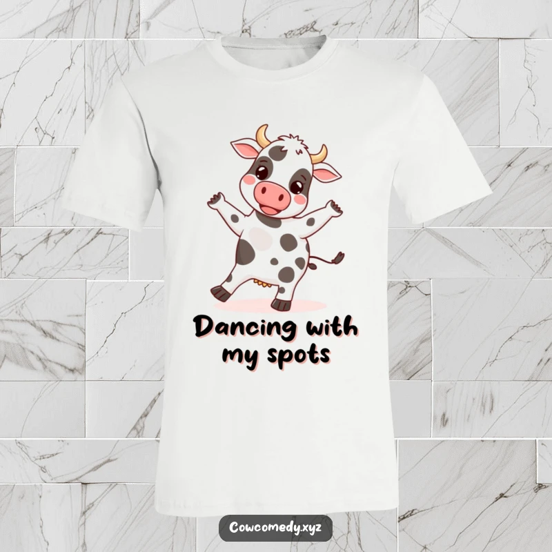 Funny t-shirt featuring a happy cow doing a silly dance, its spots bopping with rhythm and radiating pure joy.