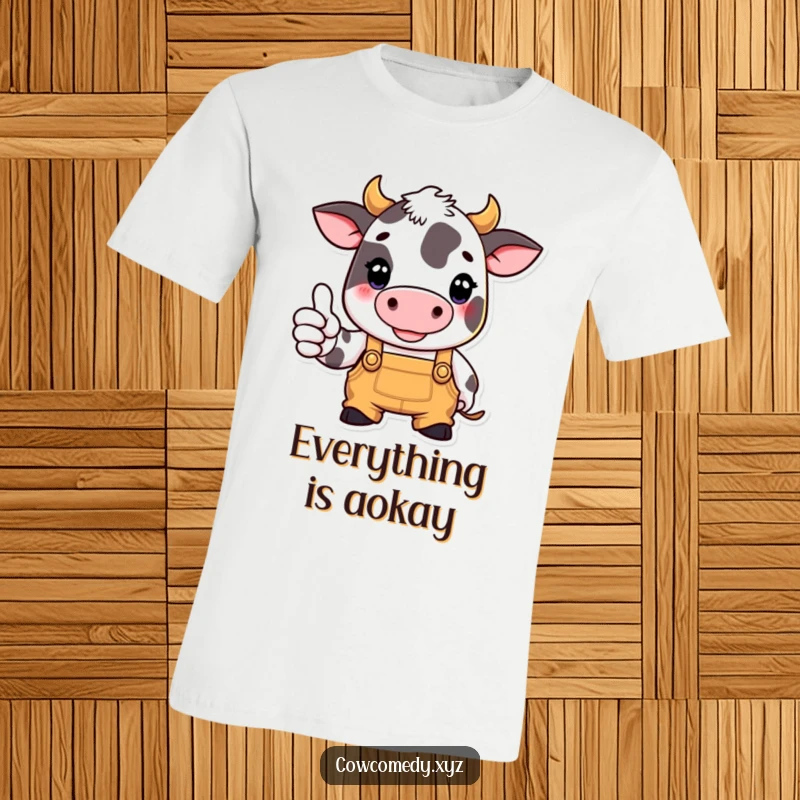 Funny t-shirt of a cow wearing blue overalls, confidently giving a thumbs up, embodying a positive and industrious spirit.