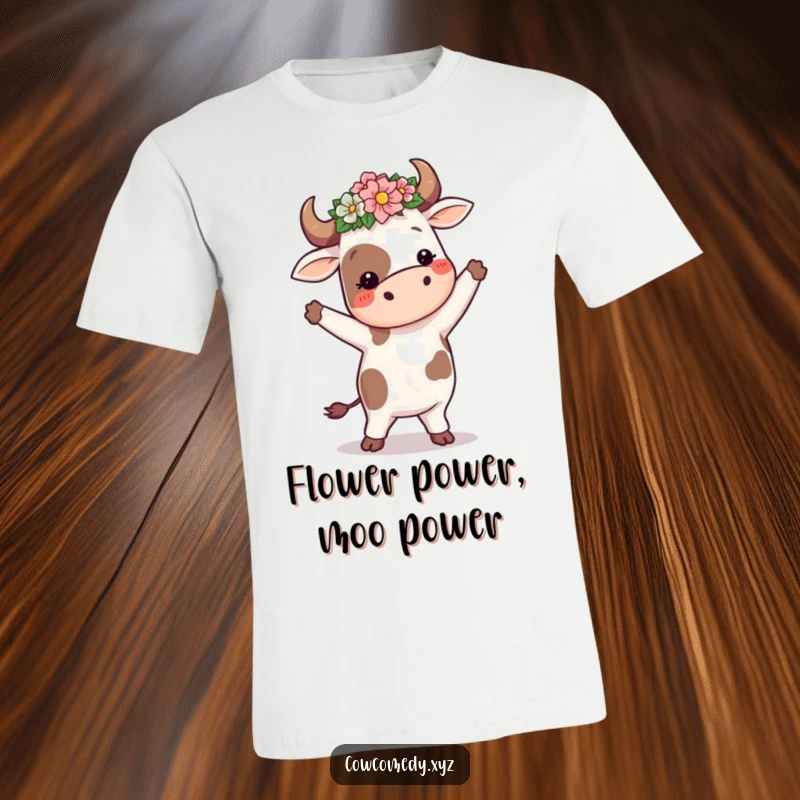 Funny cow wearing a flower crown, doing a silly dance, printed on a soft t-shirt, celebrating joy and movement.