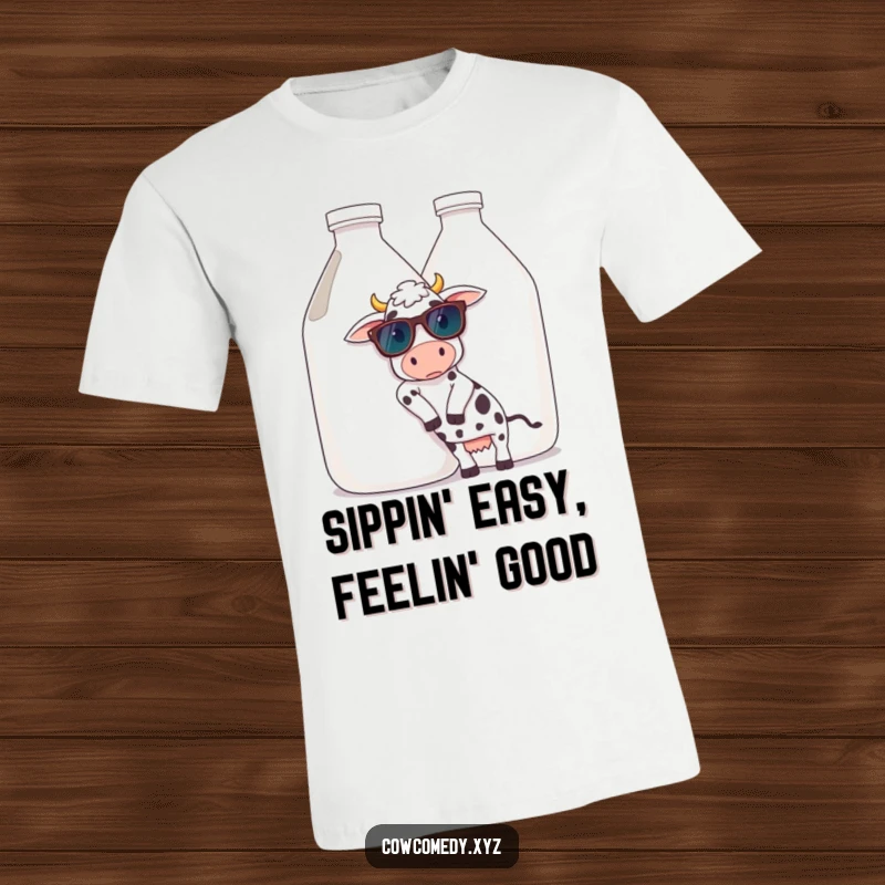 Funny t-shirt featuring a cow wearing cool sunglasses, casually lounging against a giant milk jug, embodying ultimate relaxation and effortless style.