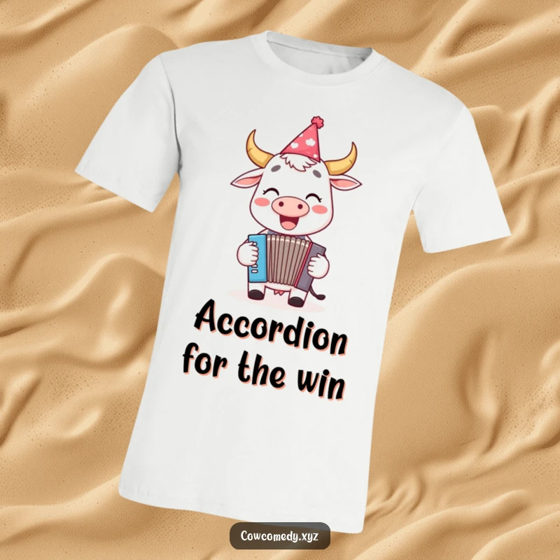 Funny t-shirt featuring a happy cow wearing a party hat and playing a tiny accordion with a joyful expression.