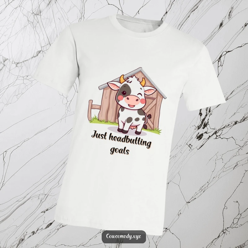 Funny t-shirt depicting a cow playfully nudging its head against a wooden barn, capturing a sweet, silly moment.