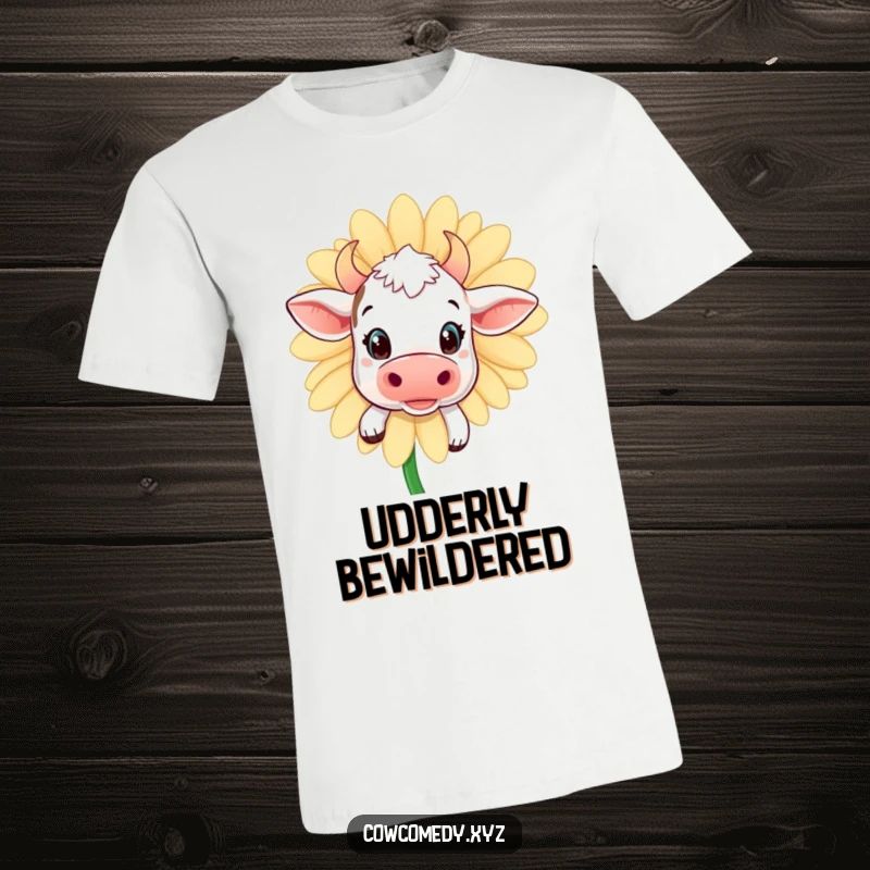 Funny kawaii cow t-shirt, peeking with wide eyes from behind a giant daisy, showcasing a playful and curious personality.