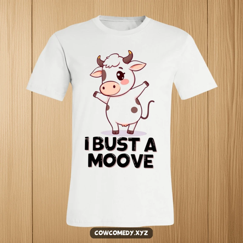 Funny cow dance t-shirt featuring a cute kawaii cow character performing a silly tail dance motion, great for spreading cheer and laughter.