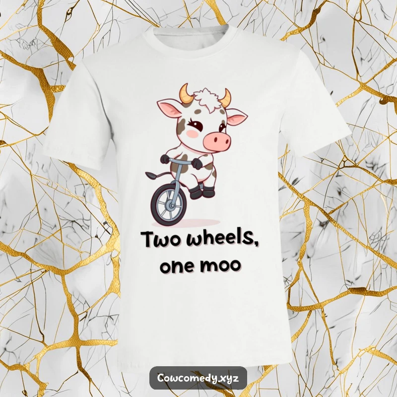 Funny t-shirt featuring a cow with a mischievous wink riding a unicycle, celebrating quirky fun.